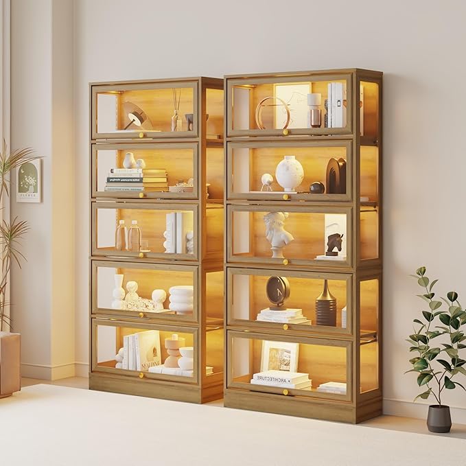 Display Cabinet with Acrylic Glass Doors,5-Tiers Curio Cabinet with LED Lighting for Collectibles, Collectibles Toy Organizers Rack & Display Shelf Display Case Storage Cabinet, Nature