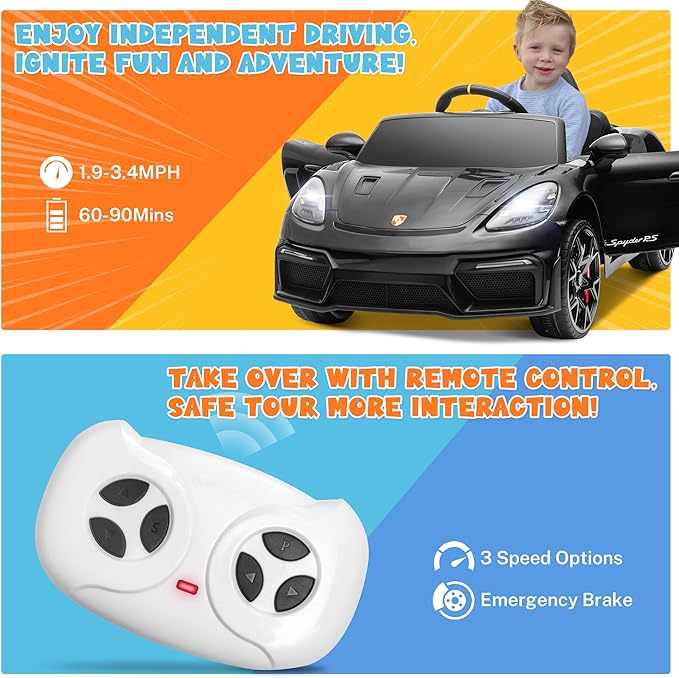 ENYOPRO Licensed Porsche 718 Spyder RS Ride-On Electric Car for Kids with Remote Control, 12v Ride On Toys for Toddlers, Electric Power Vehicle w/Trailer Wheels, Bluetooth/USB/AUX, LED Lights, Black