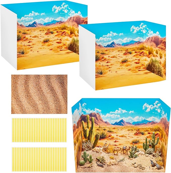AmazingSpark 2 Set Desert Style Diorama Box and Sand Texture Sticker Decor, Desert Animals Project Supplies Set, Cardboard Display Case Kit & Cards with Double Sided Tapes for DIY Crafts