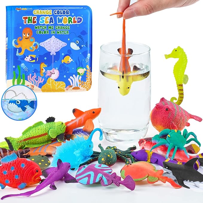 Color Changing Mold Free Bath Toys for Toddlers & Kids - Color Change Sea Creatures Ocean Animal Toys & Glow in The Dark Toy with Bath Book (13 Pack)