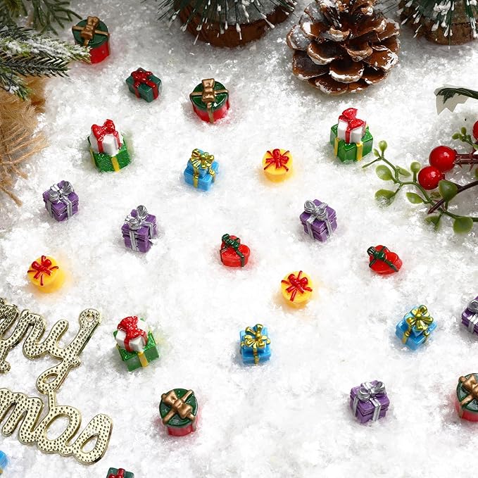 56 Pcs Mini Resin Presents,Christmas Figurines Miniature Boxes Tiny Gift Box Figurines Mini Christmas Ornaments for Xmas DIY Craft Tree Village Dollhouse Decor