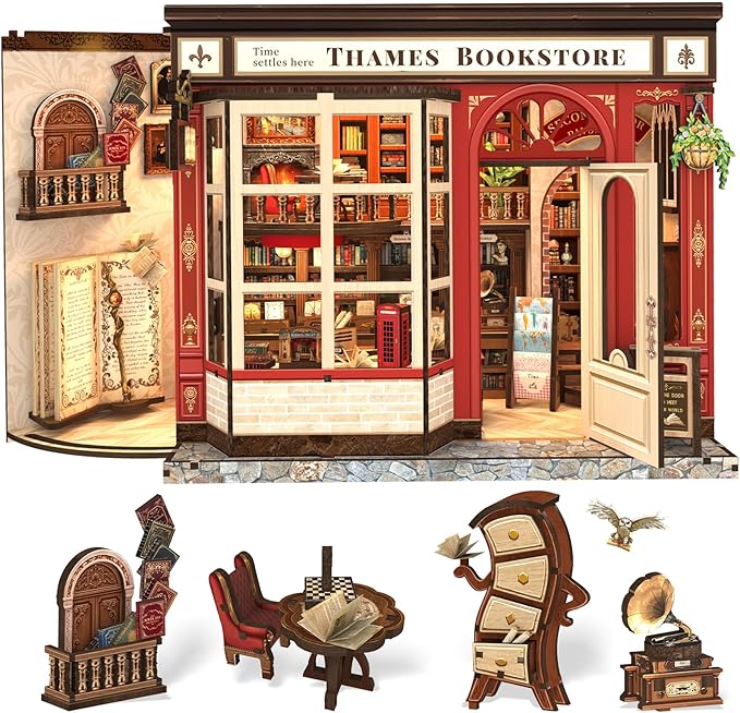 Book Nook Library Kit, DIY Miniature Dollhouse Booknook Kits for Adults Teens, Magic Bookshop 3D Wooden Puzzle Crafts Bookshelf Decor with LED Light, Gift for Family and Friends (Thames Bookstore)