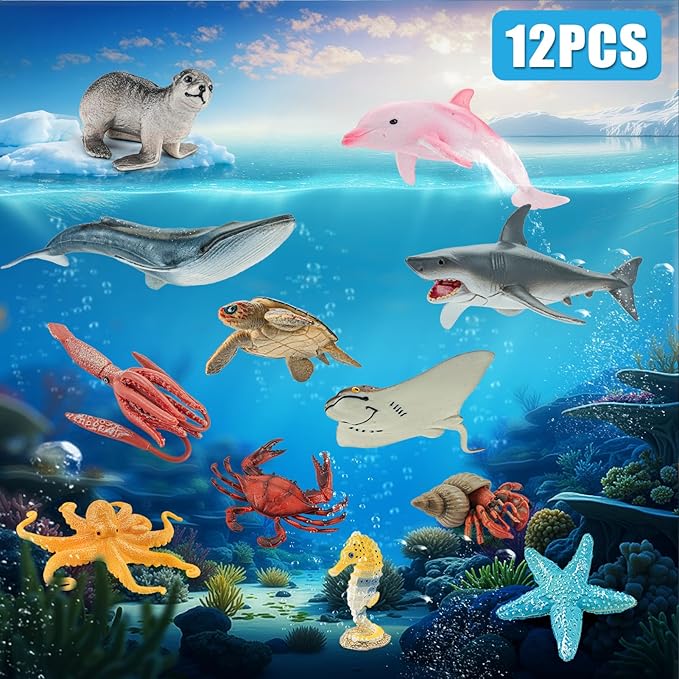 12PCS Ocean Sea Animal Toys for Kids,Realistic Soft Plastic Shark,Whale,Dolphin,Hermit Crab,Octopus,Starfish,Sea Turtle,Party Favors Birthday Gifts Cake Toppers for Boys Girls