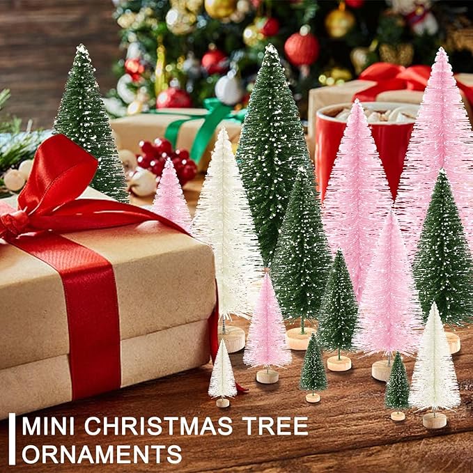 30Pcs Mini Christmas Trees Artificial Christmas Tree Bottle Brush Trees with Wooden Base for Christmas Decor Christmas Party Home Table Craft Decorations(Green+Beige+Pink)