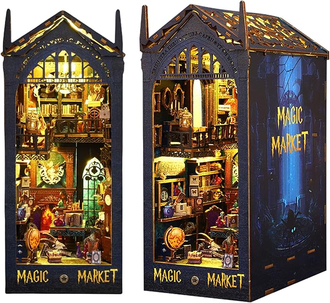 Kisoy Book Nook Kit, 3D Wooden Puzzle Booknook Build Bookshelf Decor, DIY Miniature House Kit for Adults and Teens, Mini House Arts & Craft Gifts for Family and Friends (Magic Market)