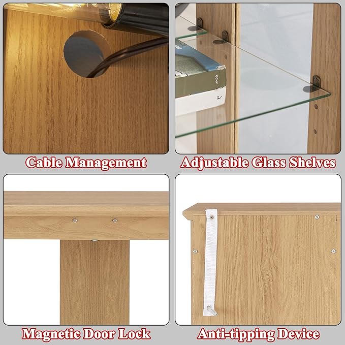 51" H Lighted Curio Display Cabinet with 2 Doors & 1 Drawer, Wooden Glass Curio Showcase w/Adjustable Shelves & Mirrored Back Panel, Storage Cabinet Display Case for Living Room (Light Oak)