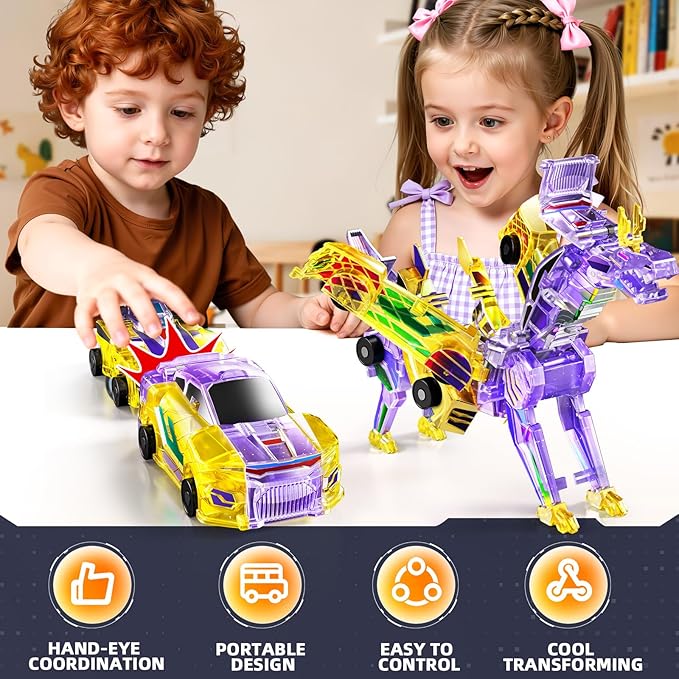 Collision Transforming Dinosaur Car Toy, 2 in 1 Magnet Cars Transform into Dinosaur Toys, Fun Robot Dinosaur Toy Cars Birthday Gift for Kids Boys Girls Age 4-6 6-12 Year Old