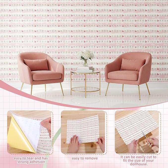 Flutesan 3 Pcs Miniature Dollhouse Wallpaper and Flooring Peel and Stick 1:12 Scale Self Adhesive Doll House Wallpaper DIY Mini Dollhouse Accessories 8.27 x 11.69 Inch(Pink Flower)