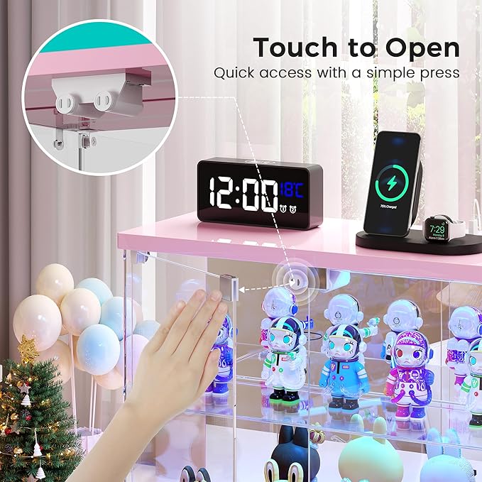 2pcs LED Clear Glass Display Case - for Figures & Collectibles, Small 2-Tier Display Cabinet with Charging Station, Display Box with Lights & Human Sensor, for Model Car, Perfume, Pink