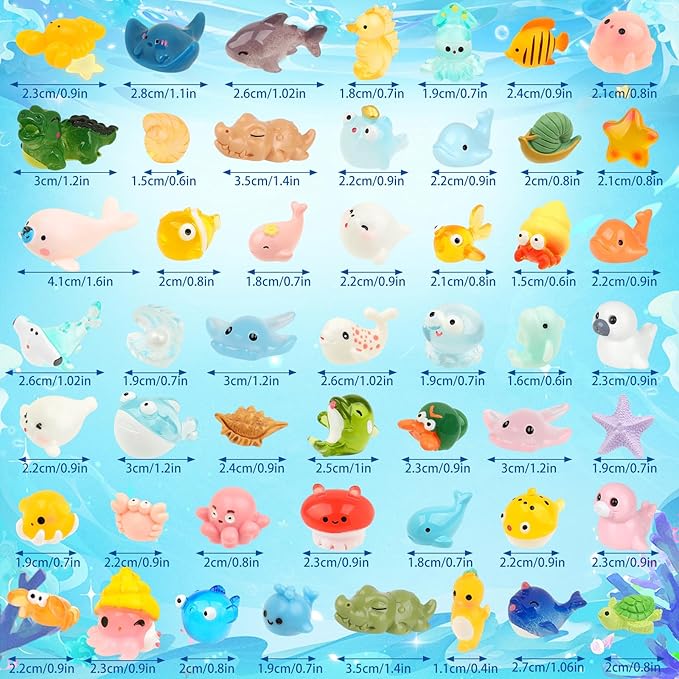 50 PCS Mini Sea Animals Figurines Tiny Resin Ocean Animal Mini Plastic Ocean Animals for DIY Miniature Scenes Dollhouse Birthday Party Decoration, Fish Tank Aquarium