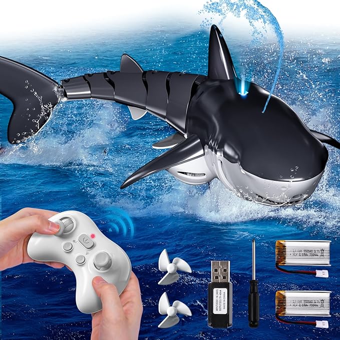 Remote Control Shark Toys for Boys Kids, 1:18 Scale High Simulation Shark for Pool, 2.4Ghz Electric RC Shark Boat Fish Toys with Light & Spray, Toy Shark Gifts for 6 7 8 9 Year olds Kid Boys Girls