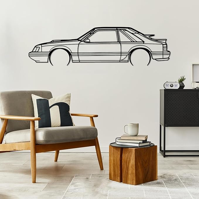 DecoSoul Mustang Metal Car Wall Art, Sports Car, Automotive Silhouette Line Decoration, Minimalist Sculpture for Garage, Indoor Outdoor Wall Hanging, Gift for Boyfriend (Black - 35 x 9.6” inch)