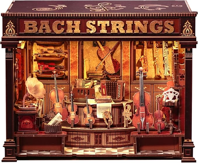 Cutefun Book Nook Kit - DIY Miniature Dollhouse Booknook Kits for Adults Teens, Musical Instrument Shop 3D Wooden Puzzle Bookend Bookshelf with LED Light, Gifts for Family and Friends (Bach Strings)
