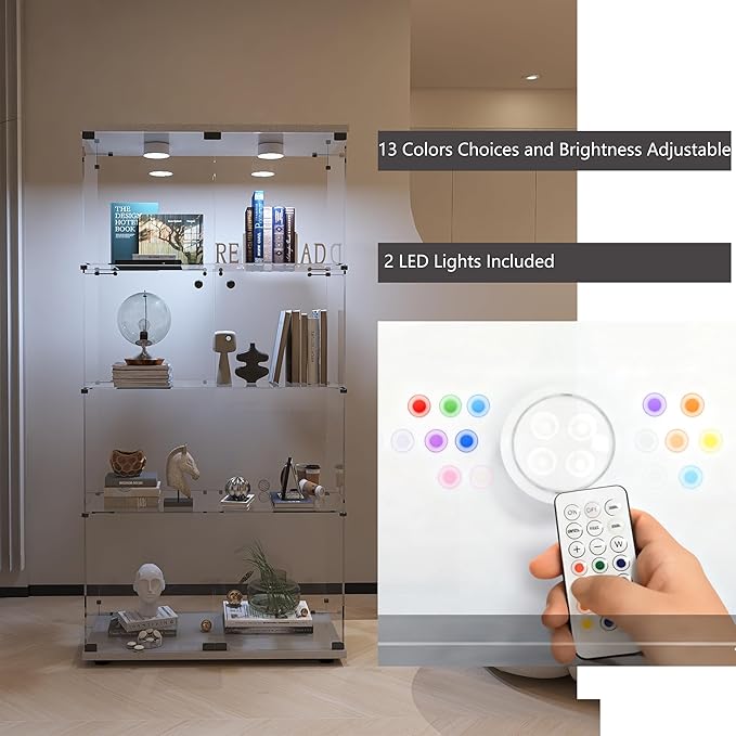Glass Display Cabinet with Lights and Lock, 4-Tier Display Case Curio Cabinet with Glass Door, Floor Standing Showcase for Living Room Bedroom Home Office 31" W x 14.3" D x 64.5" H