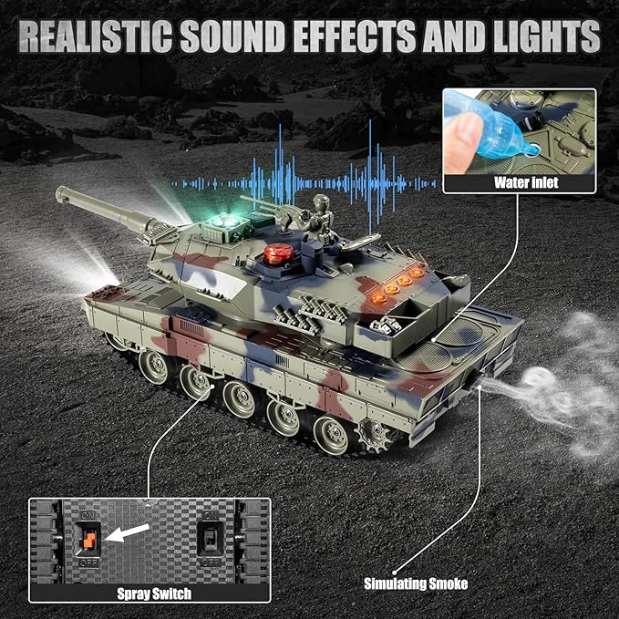 1/24 RC Battle Tank Set, Remote Control Russian T90 and German Leopard II Tank Model That Shoots for Kids and Adults, 2.4Ghz Army Toy for Boys 6+ Year Old with Smoke, Sound Effects and Lights