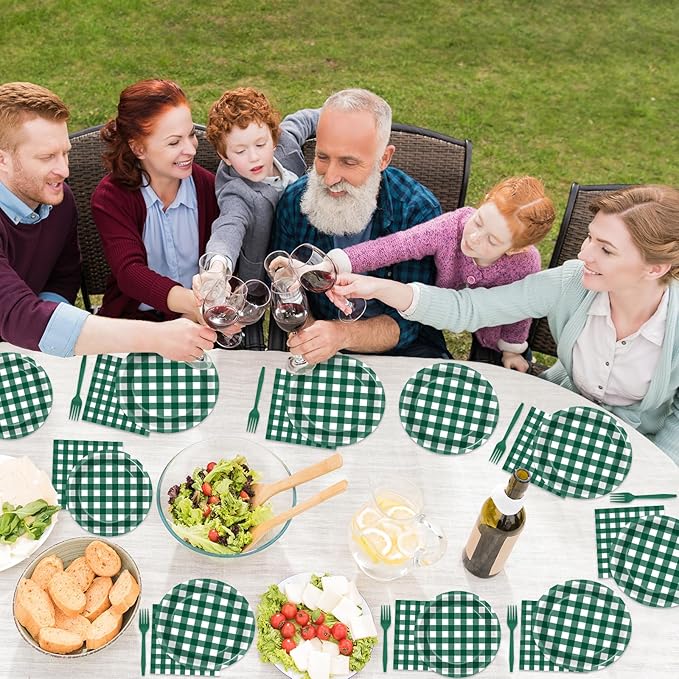 96Pcs Green Gingham Party Decorations Green and White Checkered Birthday Themed Tableware Gingham Plaid Plates Napkins Forks Picnic BBQ Dinnerware Supplies for Baby Shower Birthday Serves 24 Guests