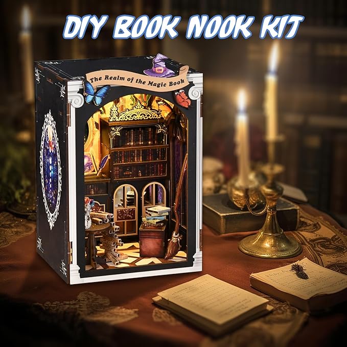 KERNOWO Book Nook Kit, DIY 3D Wooden Puzzles for Adults, Teens and Beginners, Miniature Tiny House Kit for Bookshelf Decor, Bookish Gift for Family, Friends, Book Lovers (Magic Book)