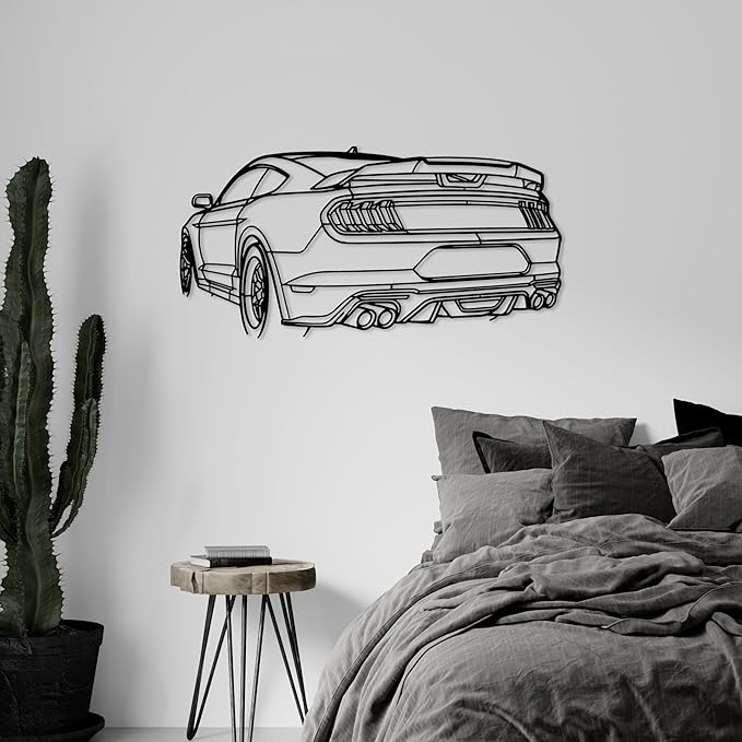 DecoSoul Mustang Metal Car Wall Art, Sports Car, Automotive Silhouette Line Decoration, Minimalist Sculpture for Garage, Indoor Outdoor Wall Hanging, Gift for Boyfriend (Black - 20 x 5.5” inch)