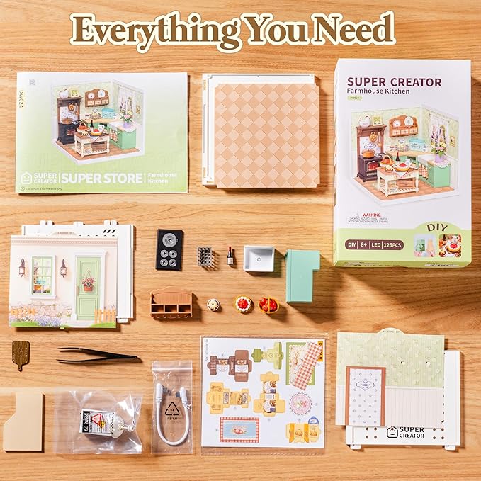 ROBOTIME Super Creator Kits, Plastic Mini House, Expandable Plastic Craft, DIY Miniature House Kit with LED for Adults, Building Set for Creative Play Unique Hobby Gift (Farmhouse Kitchen)