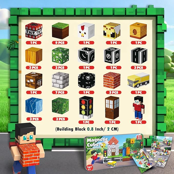 45 Pcs Travel Magnetic Blocks with 1 Pcs Magnetic Figures -Mini Magnetic Building Blocks for Kids Ages 4-8, Magnet Cubes Stacking Toys with Portable Metal Box, Birthday Gift for 3+ Year Old Boys Girls