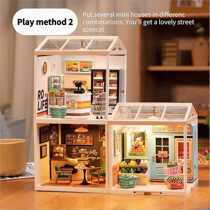 Rolife Plastic House Building Set Toy DIY Miniature Dollhouse Playset with LED for Mini Figures Construction Toys Diorama Kit Gifts for Adults