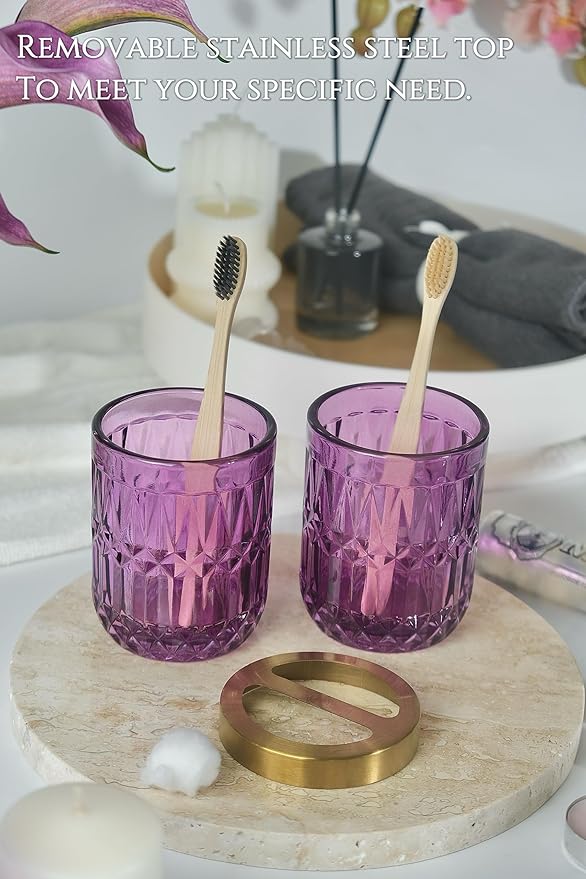 LaMarriti Purple Bathroom Accessories Set, 5Pcs Clear Glass Bathroom Set, Soap Dispenser, Toothbrush Holder Set, Soap Dish, Qtip Holder, Tumbler for Vintage Crystal Bathroom Decor, Gift Set (Violet)