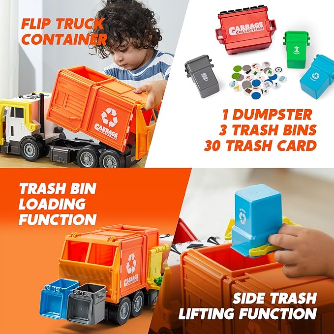 JOYIN Large Friction Powered Garbage Truck Toy Set, Includes Dumpster, Trash Bins, and Learning Cards for Kids, Orange