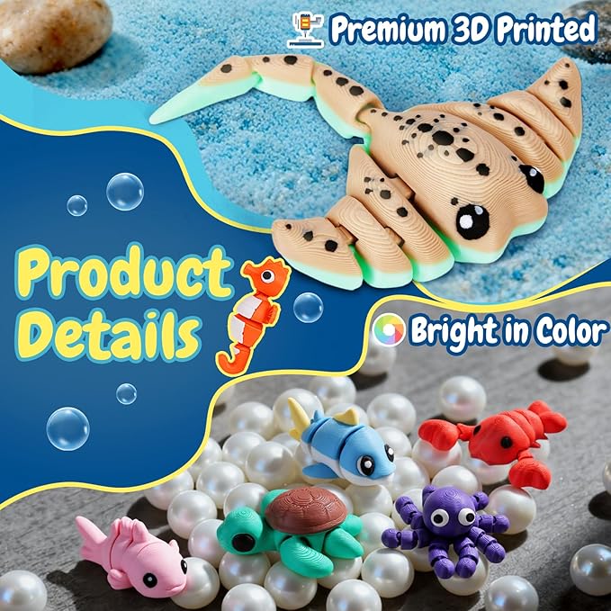 3D Printed Sea Animal Toys - 24Pcs Ocean Animals Figurines Toys for Kids - Flexible Articulated Fidget Toys for Birthday Party Favors Gifts Desk Pets Decoration