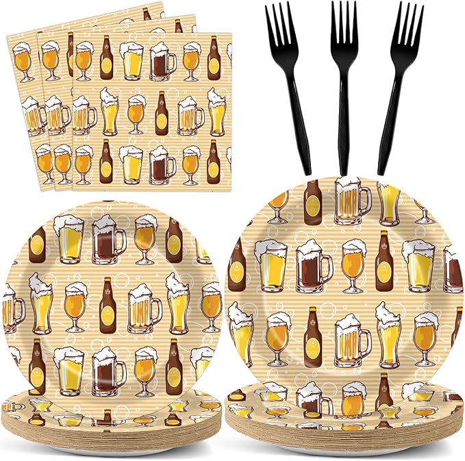96 Pcs Cheers Party Decorations Cheers Themed Tableware Bar Theme Plates Napkins Forks Yellow and Khaki Supplies for Bar Bachelorette Festival 30th 40th 50th Birthday Bar Supplies Serve 24 Guests
