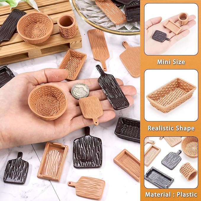 26 Pcs Plastic Miniature Trays Miniature Kitchen Basket Food Trays Cute Tableware Dishes Dollhouse Ornaments for Landscape Dollhouse Garden Tea Party Decor
