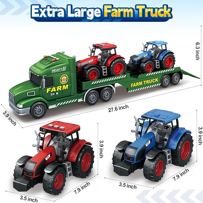 Toddler Boy Toys for 3 4 5 6 7 Years Kids, 27" Semi Flatbed Truck Toy with 2 Tractors, Friction Powered Vehicles Toys with Lights and Sounds, Birthday for Boy Girls