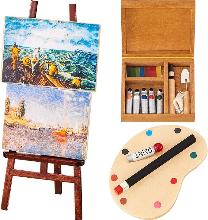 Skylety 3-Piece Dollhouse Painting Tool Accessories Set - Wooden Easel, Miniature Palette, Watercolor Box for Dolls