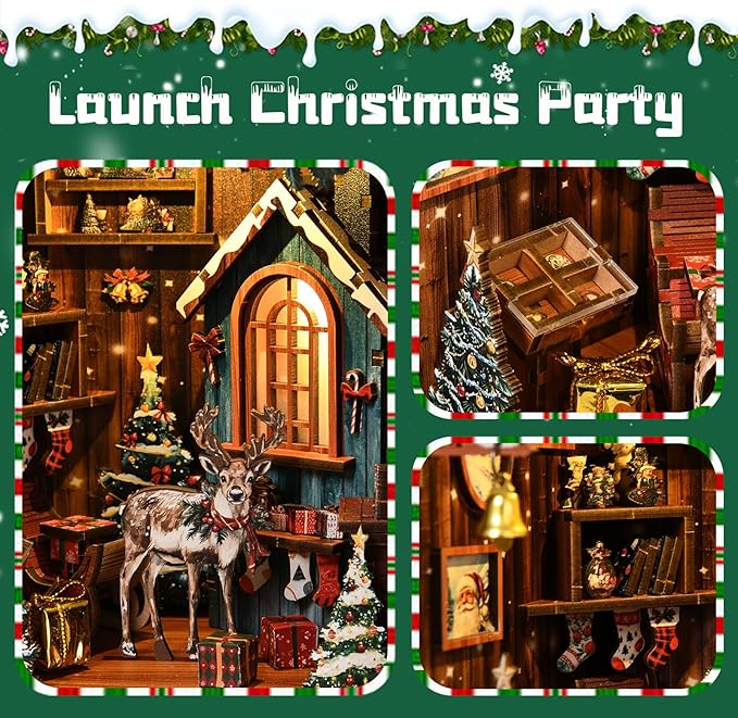 Christmas Book Nook Kits for adults-3D Wooden Puzzles DIY Miniature House Kit Bookshelf Decor with LED Lights Creative Bookend Craft Doll House for Teens & Adults-Ideal Gift for Family & Friends