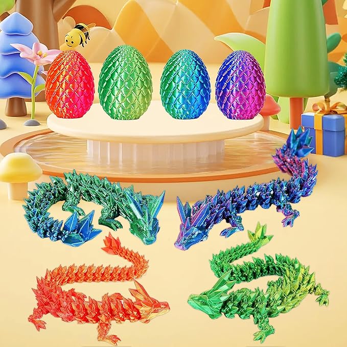 JOD® 4PCS 3D Printed Dragon Eggs with Dragon Inside – Articulated Fidget Toys, Easter Dragon Eggs, Mystery Surprise Easter Eggs for Kids, Unique 3D Printed Animals, Home Decor and Gift Set(A)