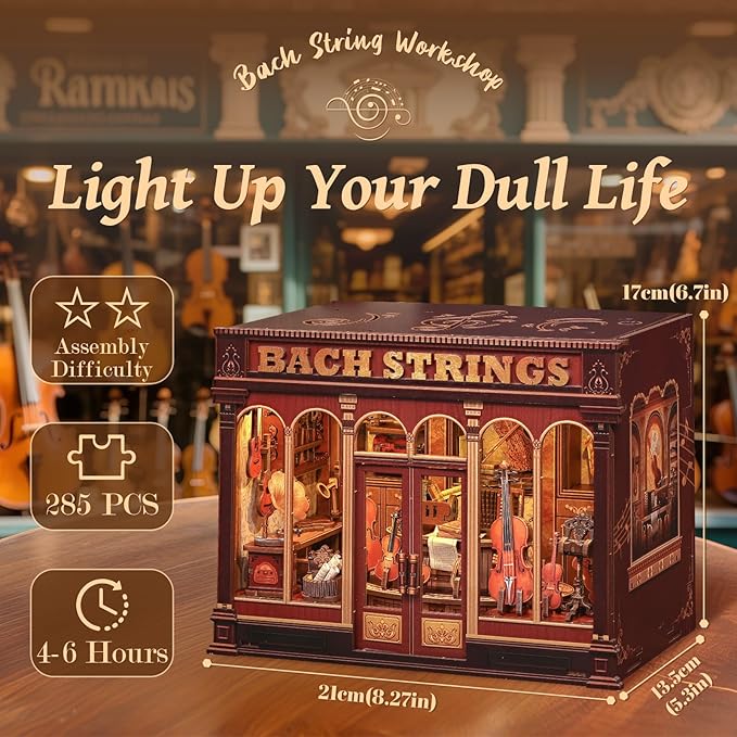 Fsolis Book Nook Kit - DIY Scene Miniature Dollhouse Kit for Adults, Bookshelf 3D Puzzles Booknook Music Tiny House Mini Room Craft Bookshelf Decor Gifts for Women Book Lovers (Bach Strings)