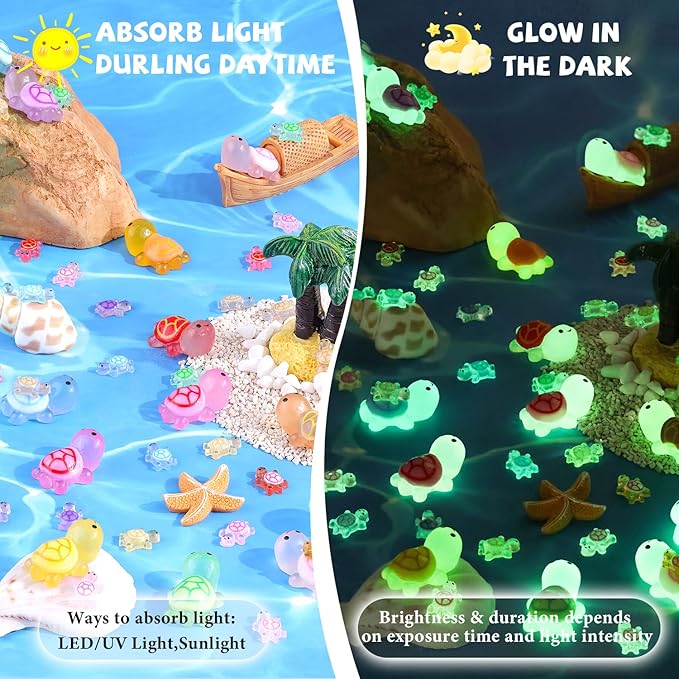 160PCS Mini Resin Animals Colorful Tiny Turtles Glow in Dark, Miniature Figures to Hide, Little Animal Small Figurines for Topper Desk Garden Dollhouse Landscape Aquarium Ornaments Crafts & Decor