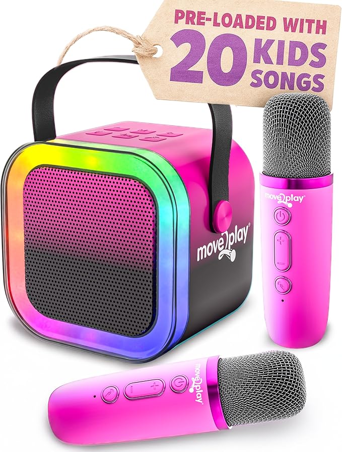 Move2Play, Mini Karaoke Machine for Kids | Built-in 20+ Songs | Bluetooth Speaker with Microphones | Voice Effects | Toddler Music Toy | Christmas Stocking Stuffer | Girls & Boys Age 2, 3, 4, 5, 6+