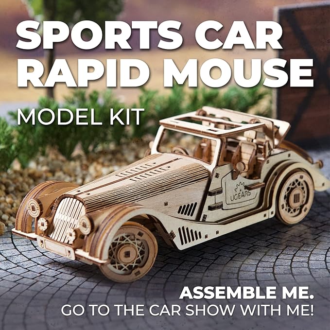 UGEARS Sports Car Rapid Mouse 3D Wooden Puzzles for Adults - Wooden Model Kits for Adults Hobbies for Men Wood Mechanical Model Wooden Cars to Build Engine Puzzle Brain Teaser Hobby Set