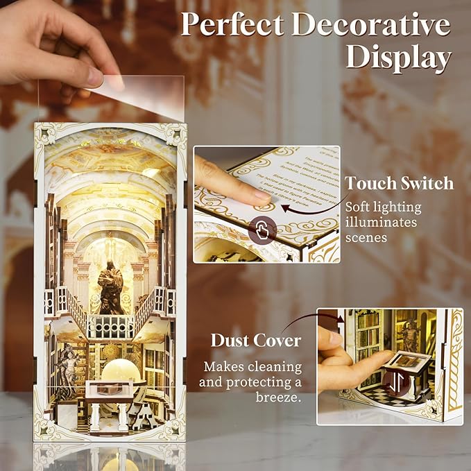 Book Nook Kit, DIY Miniature Dollhouse Booknook Kit, 3D Wooden Puzzle Bookend Bookshelf Insert Decor with LED Light for Teens and Adults (Library of Gods)
