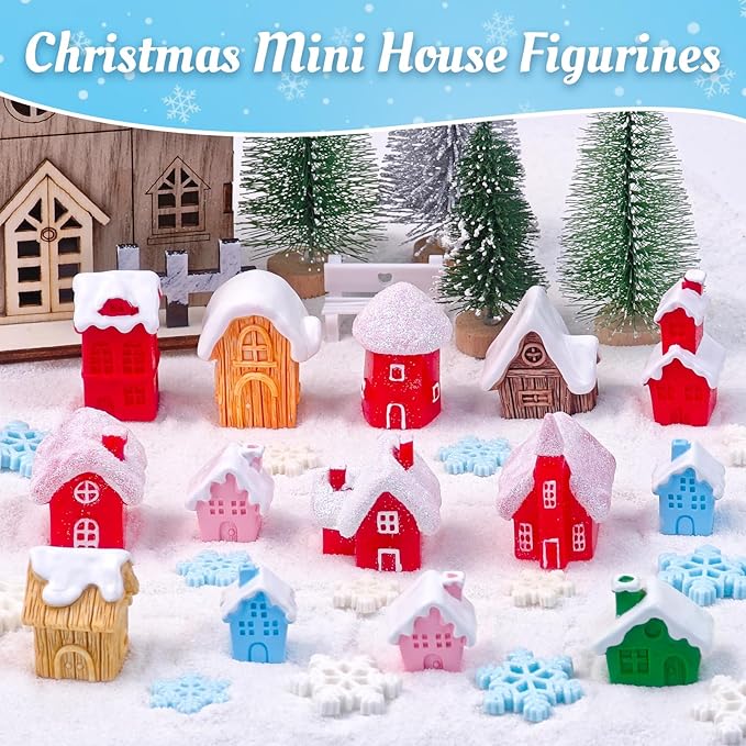30 Pcs Christmas Mini Village House Figurines with Snowflakes Tiny Little Winter House Miniature Figures for Holiday Crafts Garden Micro Landscape Home Table Decor