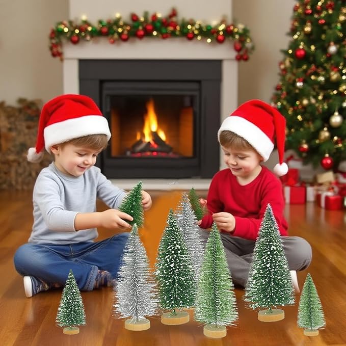 Yahpetes Christmas Tree 15 Pcs Sisal Trees Artificial Xmas Trees 3 Colors Bottle Brush Trees Miniature Pine Trees with Wooden Base for Christmas Holiday Decorations (Silver,Green,Dark Green 15Pcs)