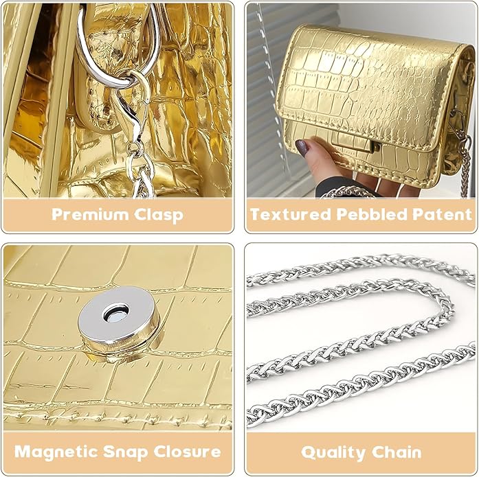NovaKnot Metallic Mini Crossbody Purse, Evening Clutch Bag with Removable Chain Strap, Small Purse for Women, Not for Phones