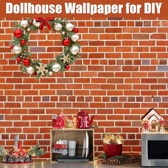 12 Pcs Dollhouse Wallpaper Miniature Dollhouse Accessories Peel and Stick Self Adhesive Miniature Wallpaper Flooring for DIY Doll House Mini Room Decoration Craft Projects 8.3" x 11.7" (Red Brick)