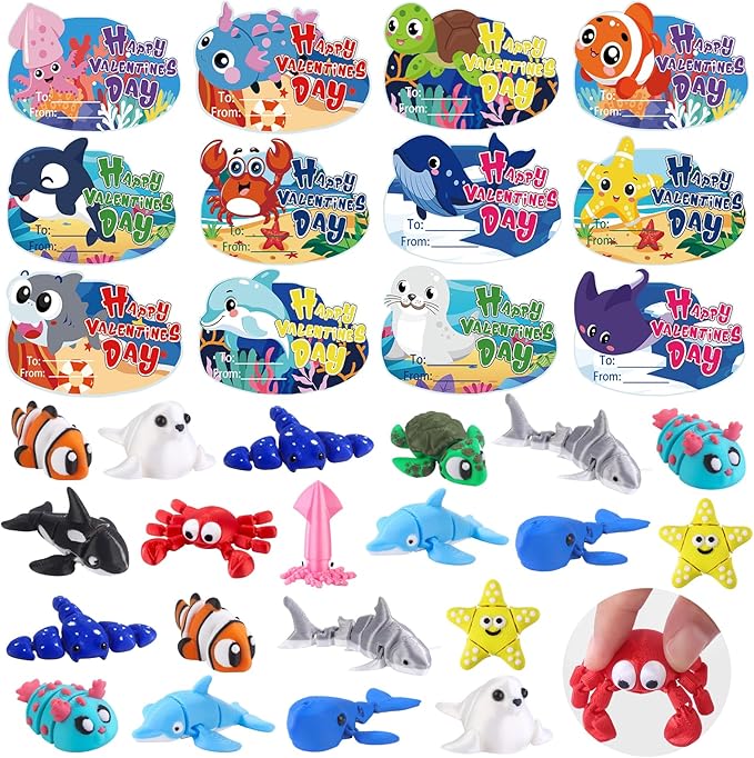 24pcs Valentines Day Gifts 3D Printed Ocean Animals Figurines with Valentine's Cards for Kids Boys Girls Valentine Day Party Favors Toys Classroom School Prize Rewards Gifts Exchange
