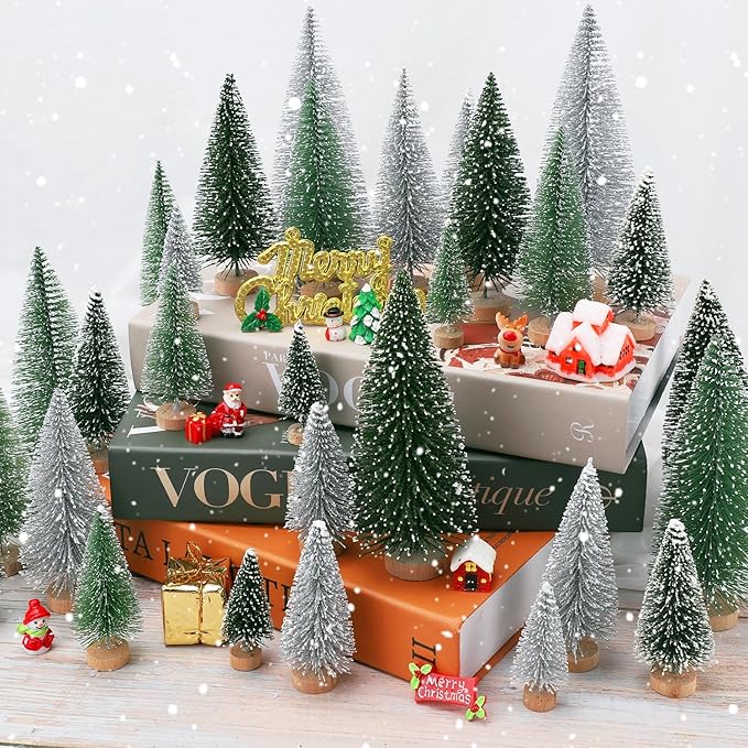 30Pcs Mini Christmas Tree Decor, Artificial Christmas Tree 5 Sizes,Mini Sisal Snow Frost Trees with Wooden Base for Christmas Decor Christmas Party Home Table Craft Decorations (A-Green/Silver)