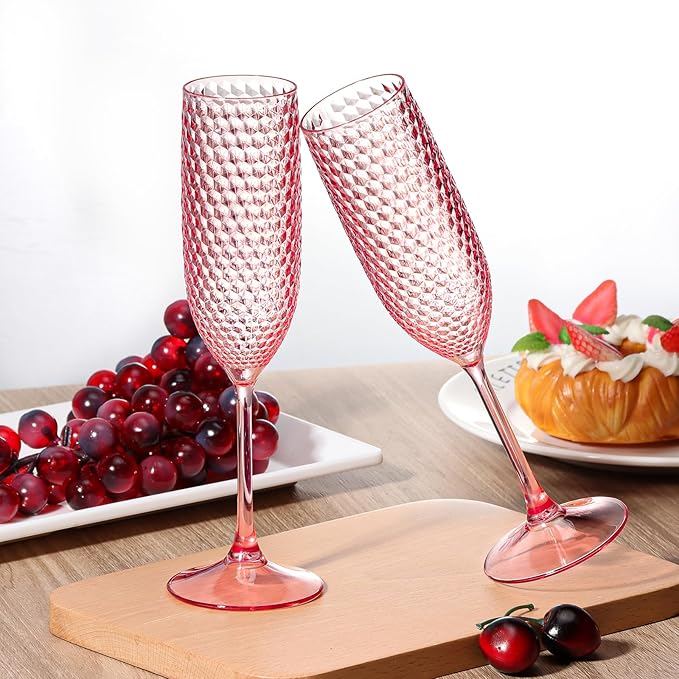 Plastic Champagne Flutes Champagne Glasses Unbreakable Wedding Toasting Glasses Reusable Diamond Wine Glasses Crystal Clear Party Wine Cups Vintage Drinking Glasses 5.5 OZ for Wedding (24, Pink)