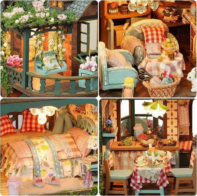 DIY Miniature House Kit - Wooden Miniature Dollhouse Kit with LED - Mini House Building Kit for Adults to Build - Tiny Model Doll House - Creative Craft Gift for Families Friends