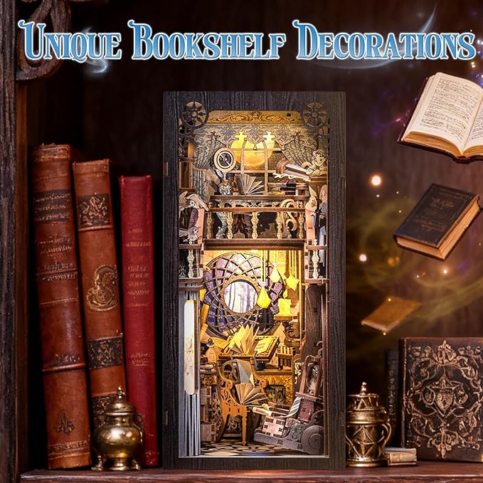 Fsolis Book Nook Kit, 3D Wooden Puzzles for Adults Booknook Magic Bookshelf Miniature Kit Shelf Decor Decoratvie Bookends Tiny House Gifts for Women Readers Book Lovers(Nebula Common Room)