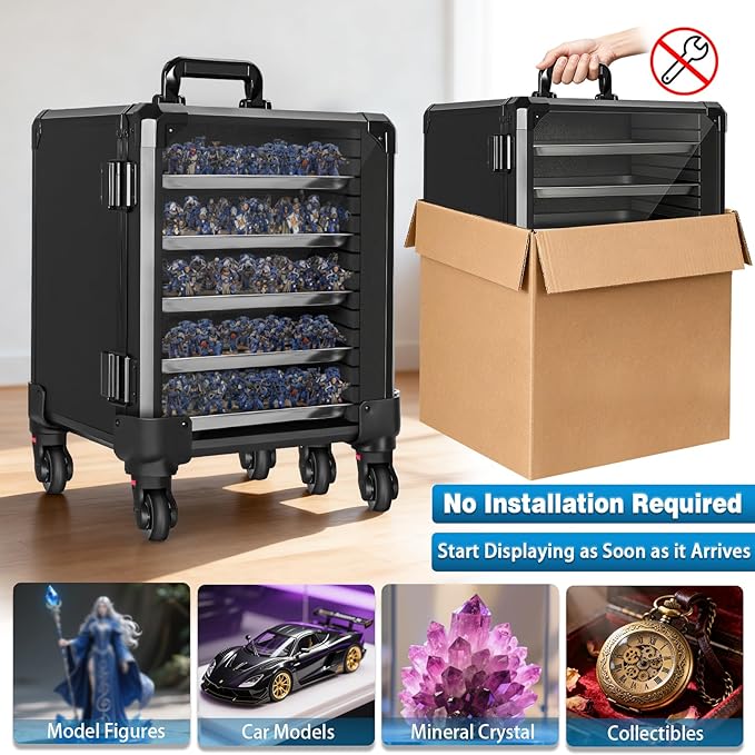 Miniatures Storage Case Miniatures Transport Case Aluminum Alloy Frame Display Case with Lock and Trolley (Medium Size)