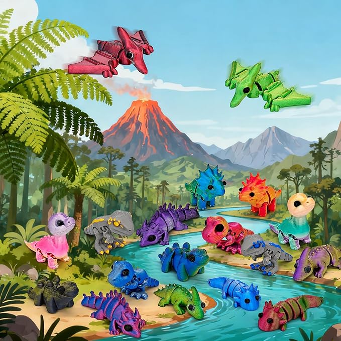 18 pcs 3D Printed Dinosaur Animals Set with Egg, Animals 3D Printed Toys Cute Articulated Flexible Figurines Fidget Toys for Party Favors Birthday Gifts Desk Pets Christmas Decor